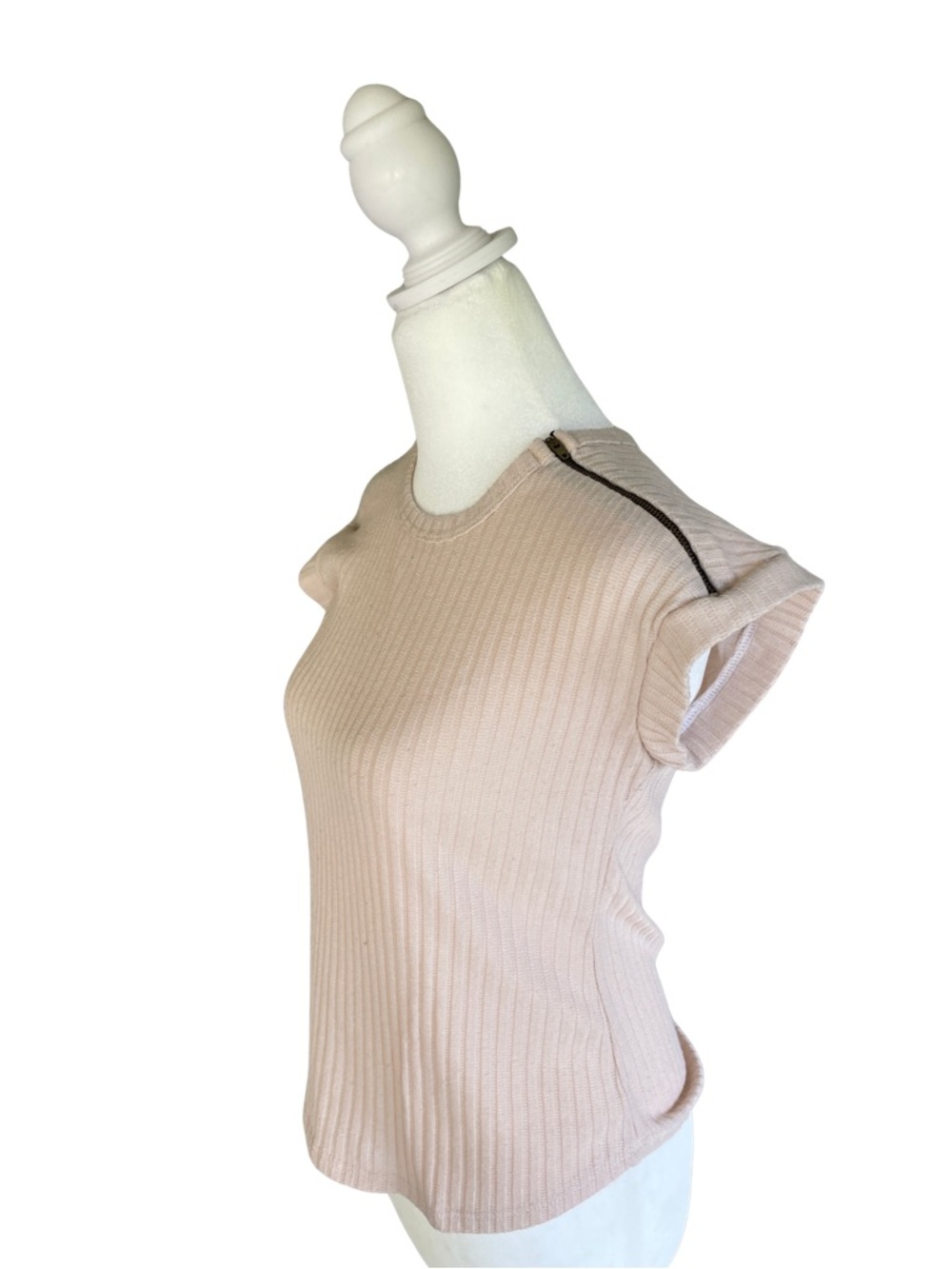 Ribbed Short Sleeve Tee with Shoulder Zip - Blush